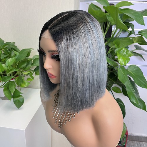 2x6 #1b/Grey Colored Straight BOB Lace Closure Virgin Human Hair Wig | Human Hair Wig | Lace Front
